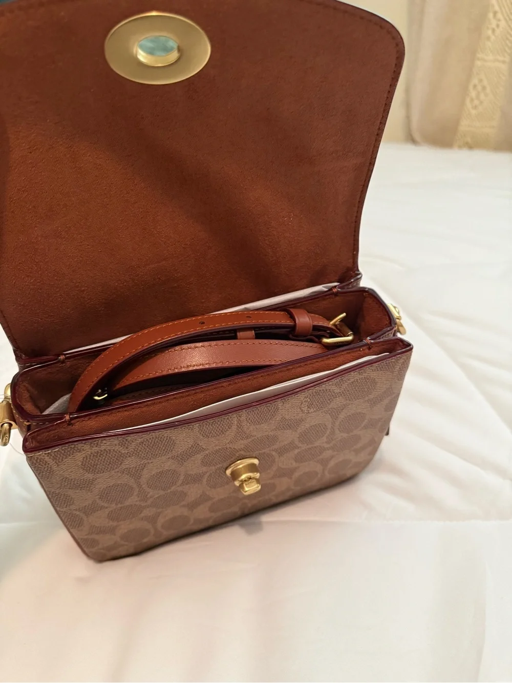 Coach Brown Leather & Signature Canvas Turnlock Shoulder Bag with Wallet
